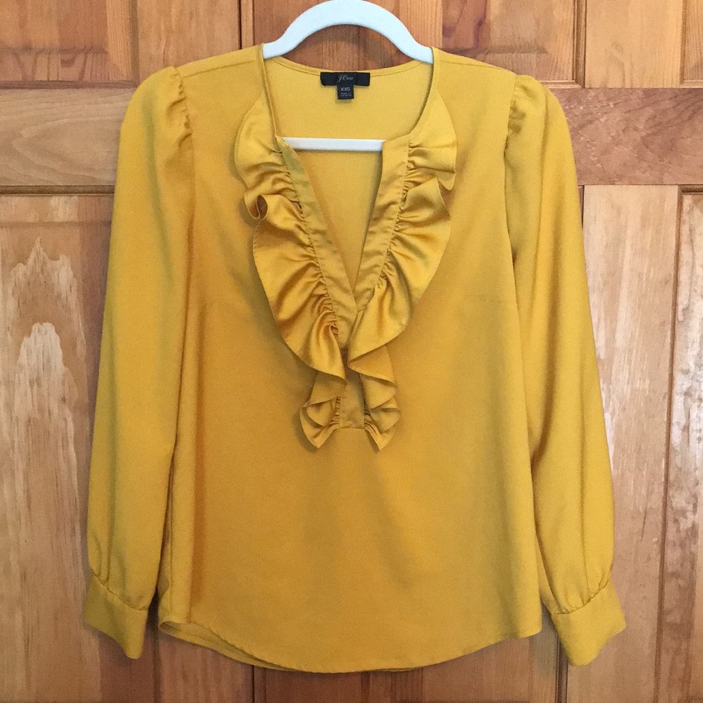 J Crew Ruffle Front Long Sleeve Satin Crepe Top Size XXS Mustard Color Like New